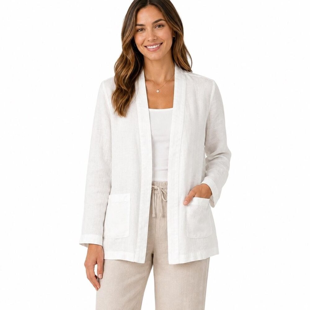 Pure Jill Jacket Womens XS White 100% Linen Open Front Pockets Lightweight